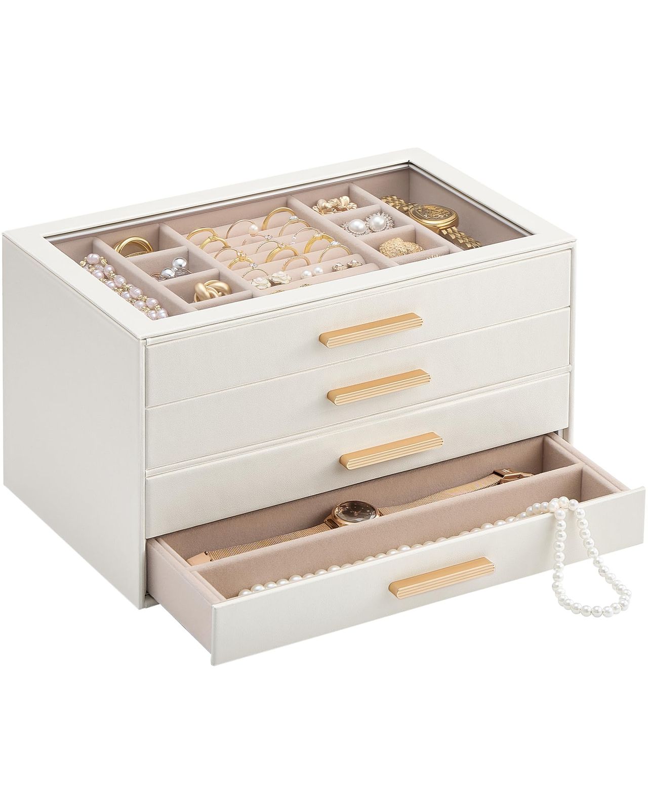 新品 Lolalet ジュエリーボックス 4段収納 ガラス天板 ベルベット内張り アクセサリー整理 引き出し式ケース プレゼント対応 コンパクト設計 高級素材 防塵仕様 -ベージュ