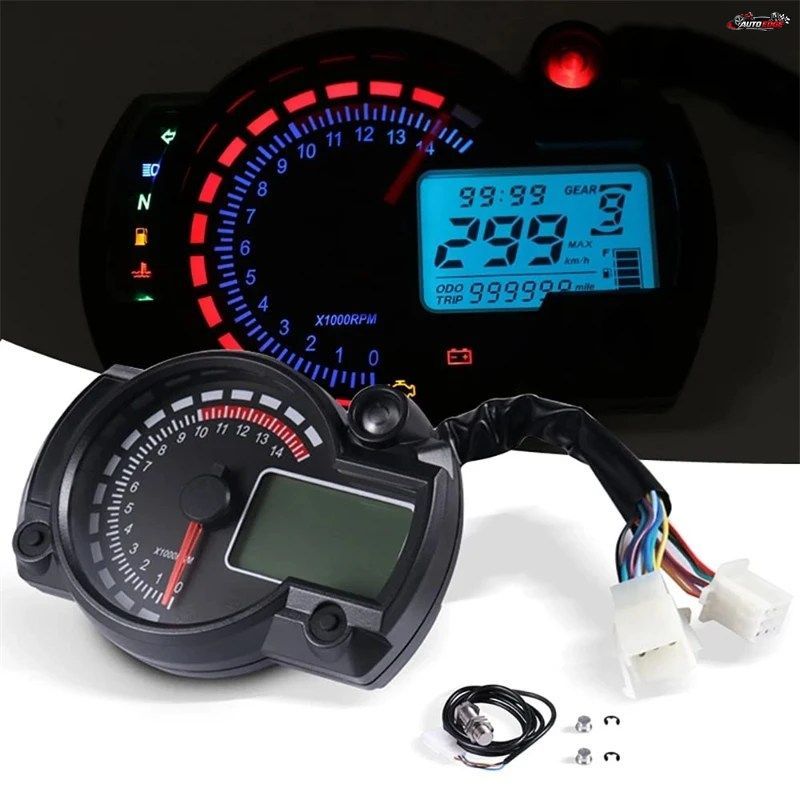 LCDデジタルバイクスピードメーターオドメーターダートピットバイクゲ??ージモトダッシュボードメーター7色タコメーターアラームランプ付き