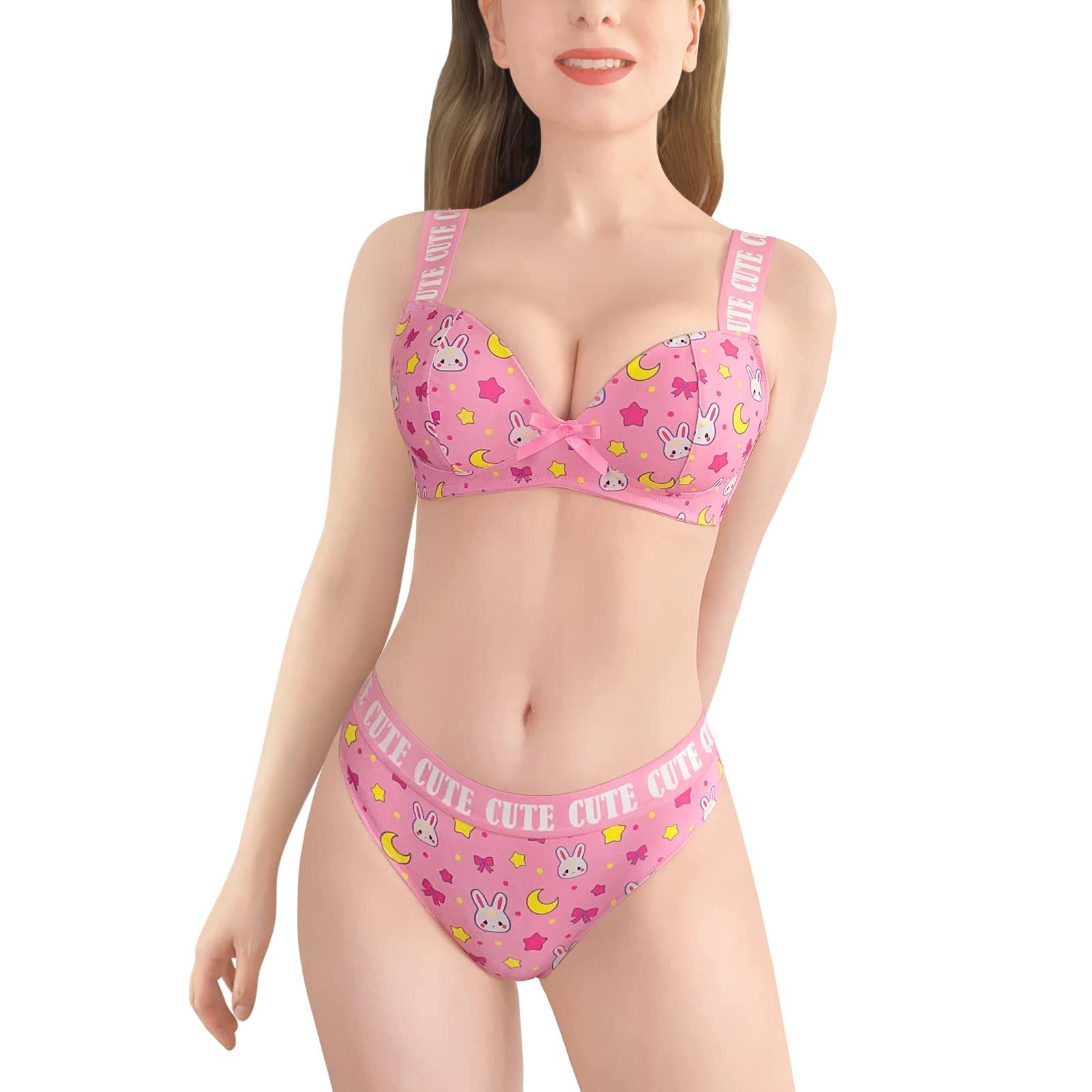 新品 [LittleForBig] 女子ブラレット2点セット【うさぎ月柄】 ブラとパンティー 弾力バンド 2XL