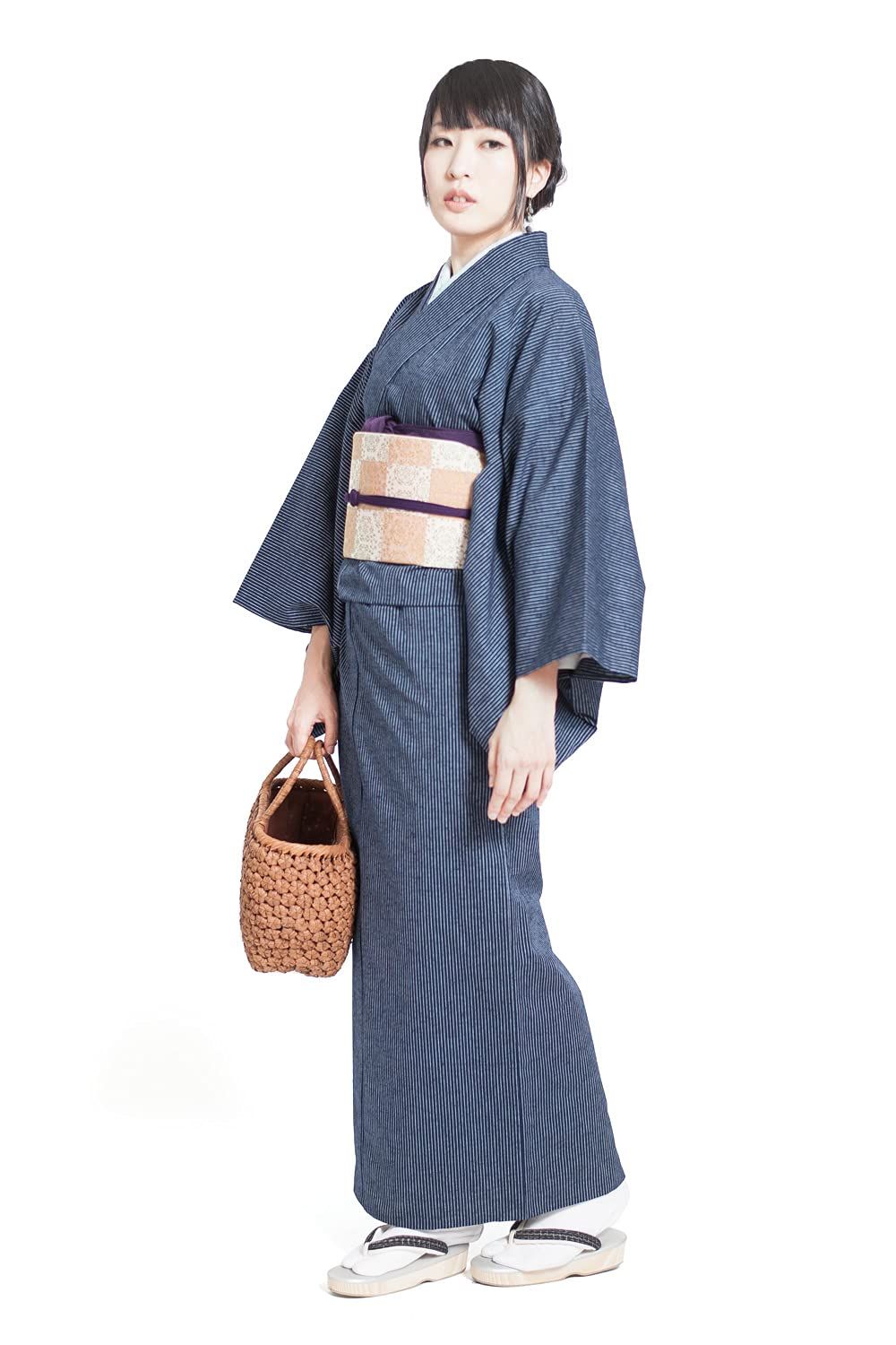 新品 [たゆたふ] 久留米織着物 洗える着物 お仕立て上がり 着物 単衣 レディース 無地 木綿 和装 綿 S 縞 紺×水色