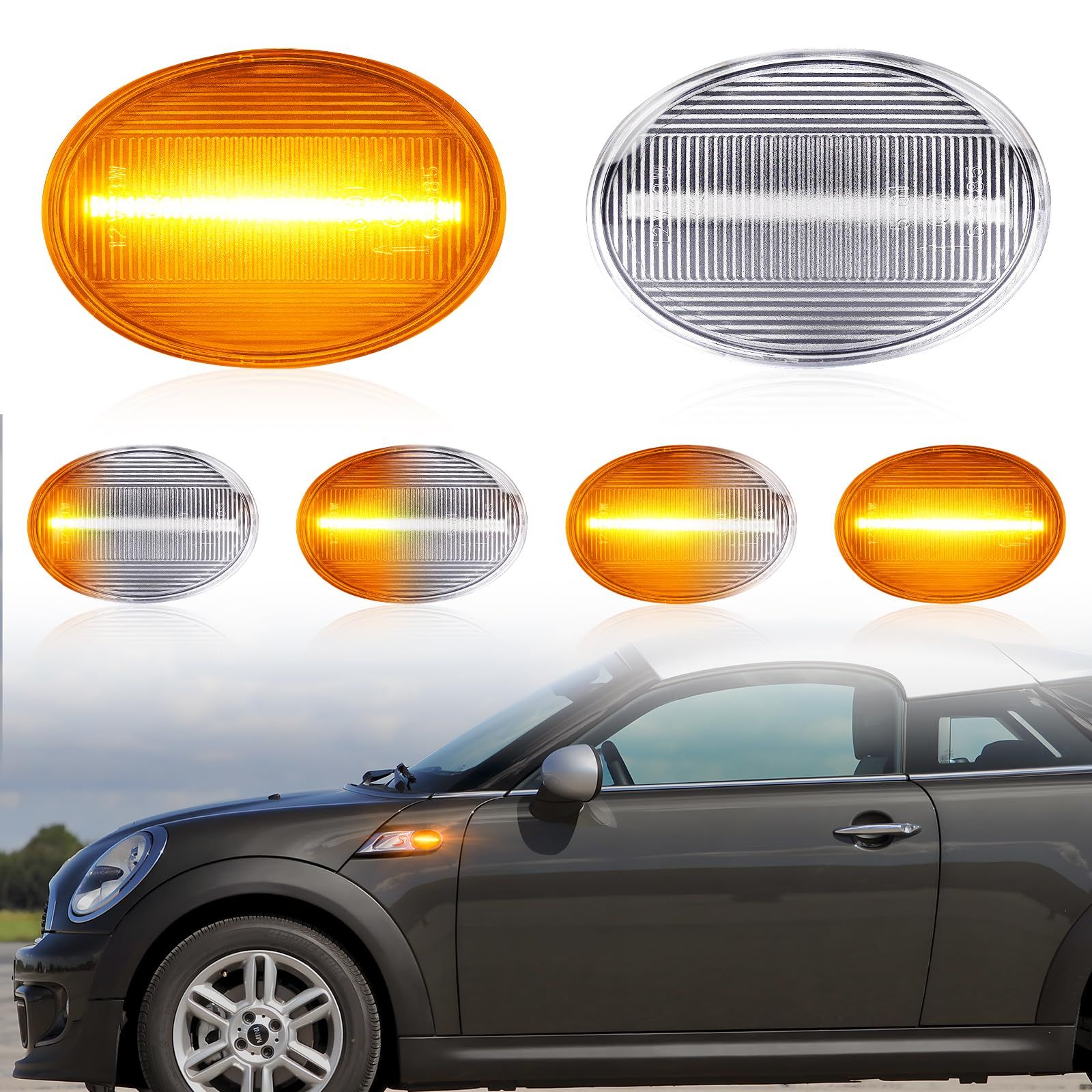 GemPro LED サイドマーカー ウインカー ミニ R55クラブマン R56クーパー R57 コンバーチブルR58クーペ R59 流れて光る フロントサイドマーカー ウインカー クリアレンズ