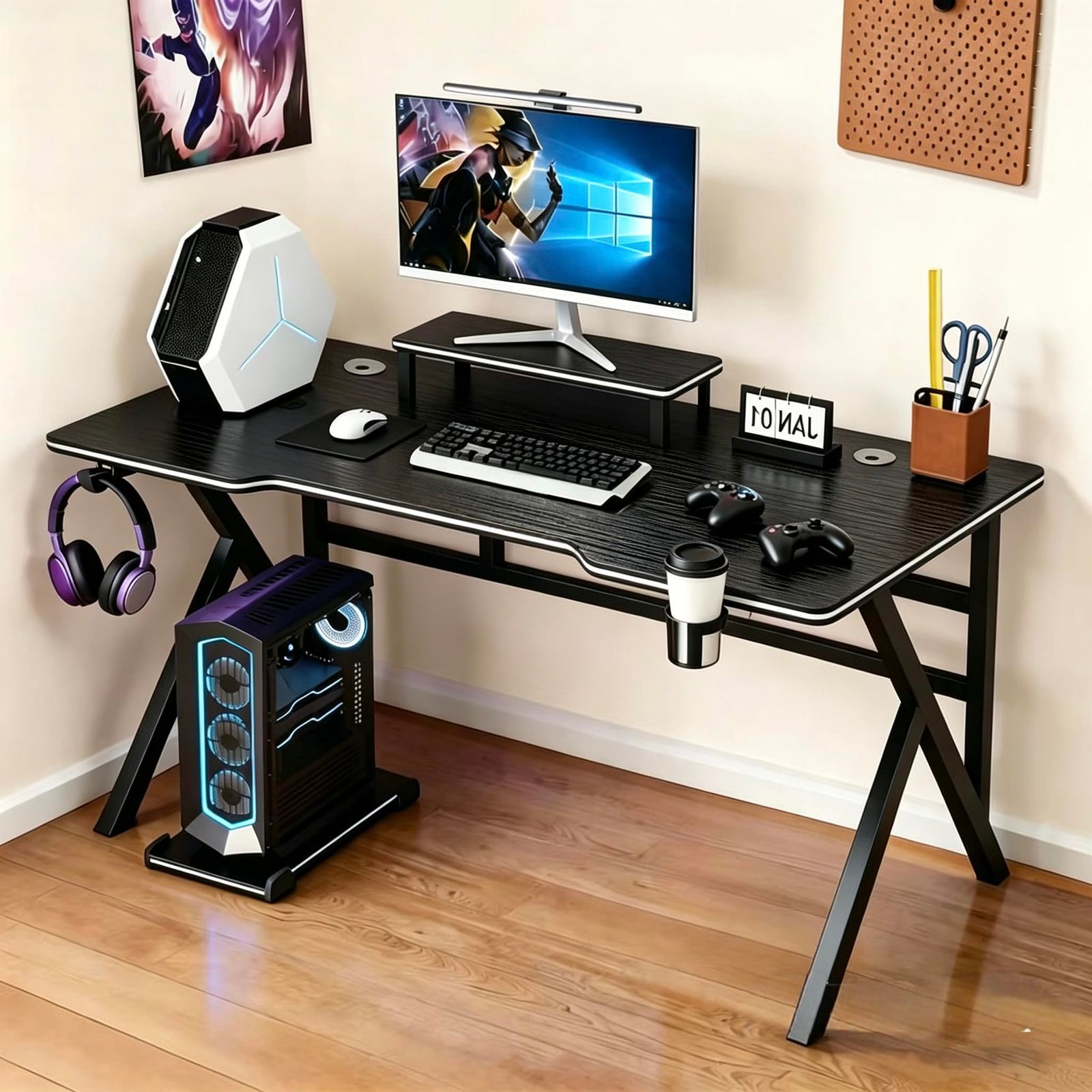パソコンデスク 幅110cm モニター台付き pcデスク 配線穴付き ゲーミングデスク PCタワー収納トレー付き K字脚 オフィス 机 凹型弧天板 省スペース 在宅勤務 強力な耐荷重 おしゃれ 勉強机 仕事用 化粧台 (ブラック)ｍａ c8dd0436