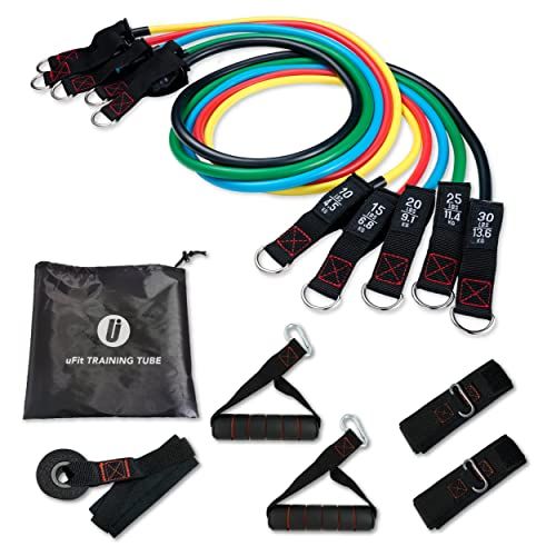 【日本国内メーカー】uFit Training Tube トレーニング チューブ 強度別5本セット 強力 プロアスリート 水谷隼 愛用 ハンドル ドアアンカー 足首バンド 収納袋 天然ゴム 使い方動画Y 14a4ddcc