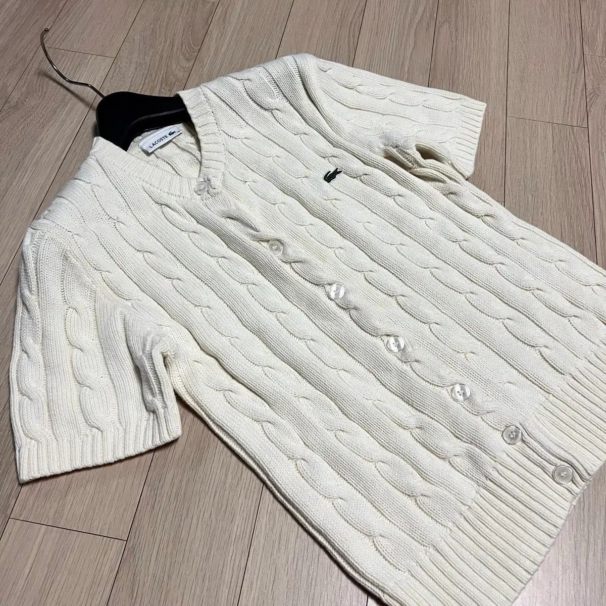 22年 LACOSTE ラコステ クルーネック ケーブル カーディガン 半袖 クリーム アイボリー ケーブル編み
