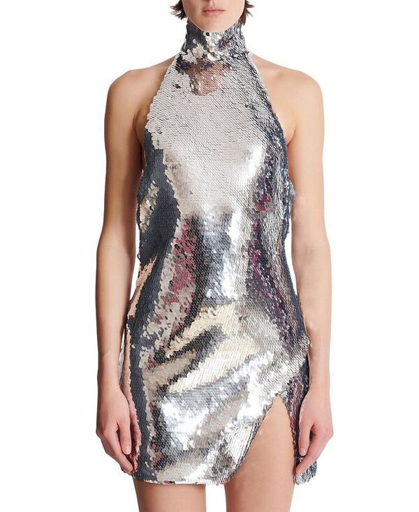 バルマン レディース トップス ワンピースパンコール ホルター Balmain Short Sequinned Halterneck Dressilver シルバー