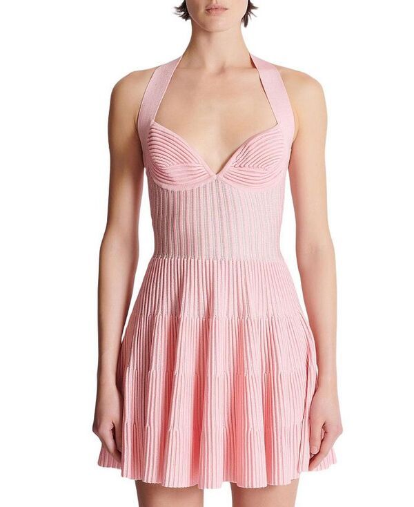 バルマン レディース トップス ワンピース A ライン ニット ホルター Balmain Textured Knit Halterneck ALine Dress Pink ピンク