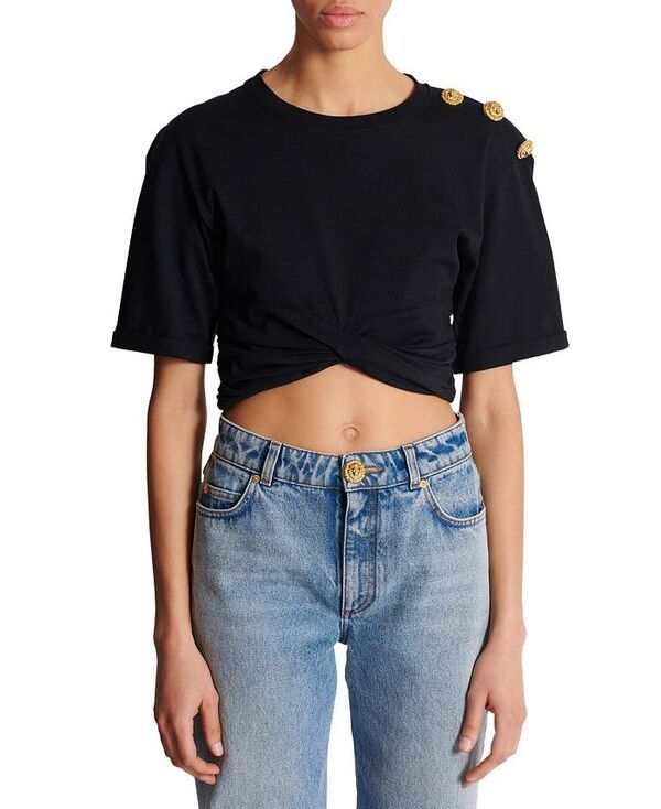 バルマン レディース トップス シャツ クロップド Balmain Cropped Tie TShirt Black ブラック
