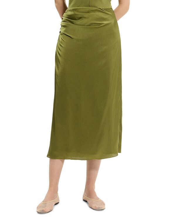 セオリー レディース ボトムスカート ギャザー ミディ サテン Theory Ruched Midi Skirt in Crushed Satin Avocado