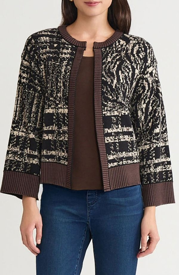 ミンウォン レディース アウター ジャケット・ブルゾン コントラスト カーディガン ニット Ming Wang Contrastrim Cozy Knit Cardigan Dark Umber Black Twig ブラック