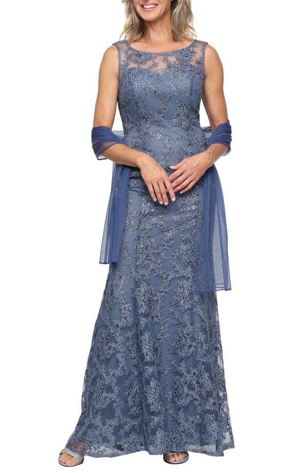 アレックスイブニングス レディース トップス ワンピースパンコール ノースリーブ Alex Eveningsequin Sleeveless Gown with Shawl Vintage Blue ブルー