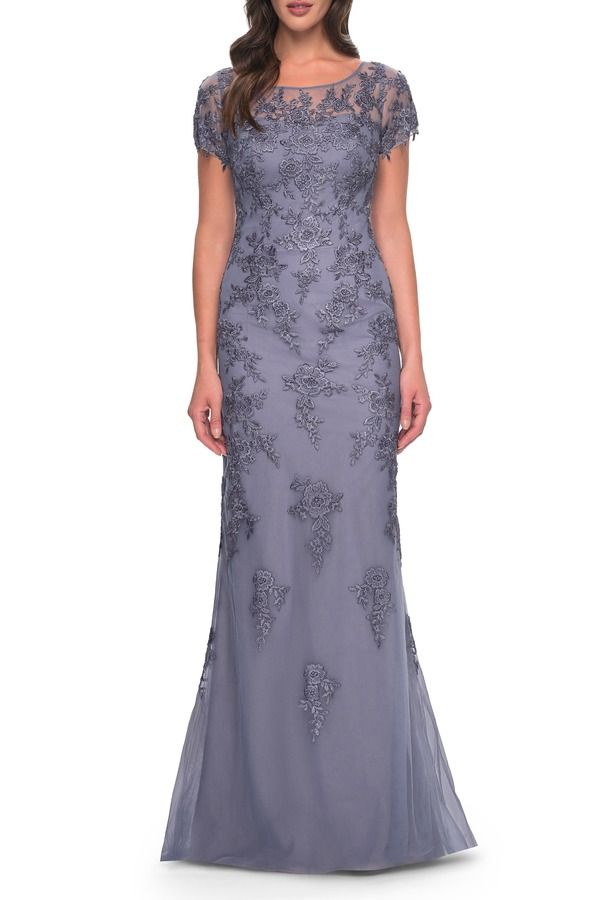 ラフェム レディース トップス ワンピース レース La Femme Lace and Net Fitted Long Mother of the Bride Dress Dusty Purple パープル