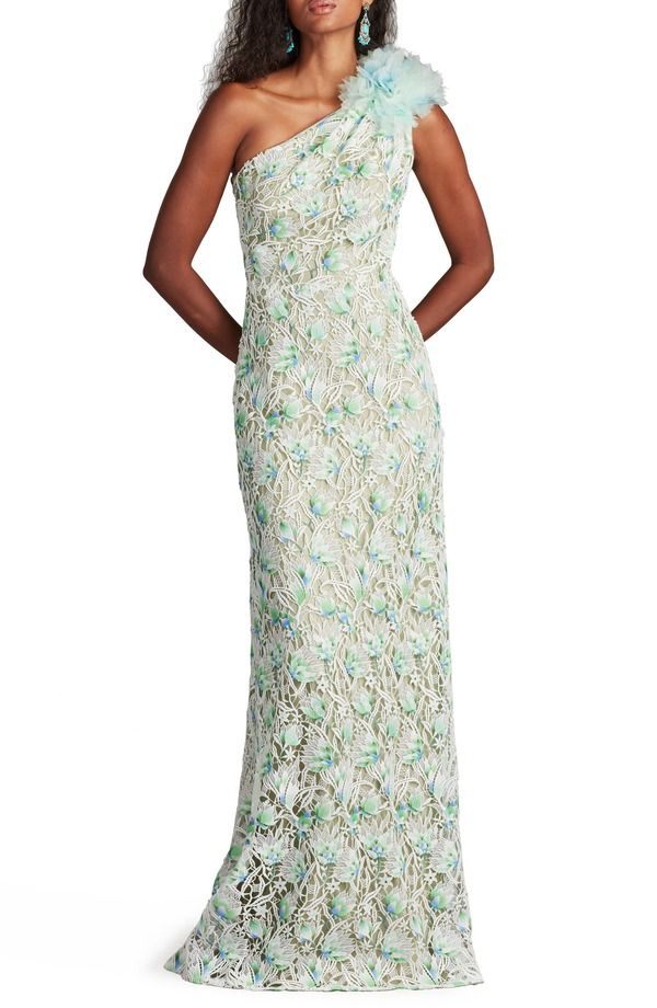 タダシショージ レディース トップス ワンピース ワンショルダー 刺繍 レース Tadashi Shoji Embroidered Lace OneShoulder Gown White Aloe Green ホワイト