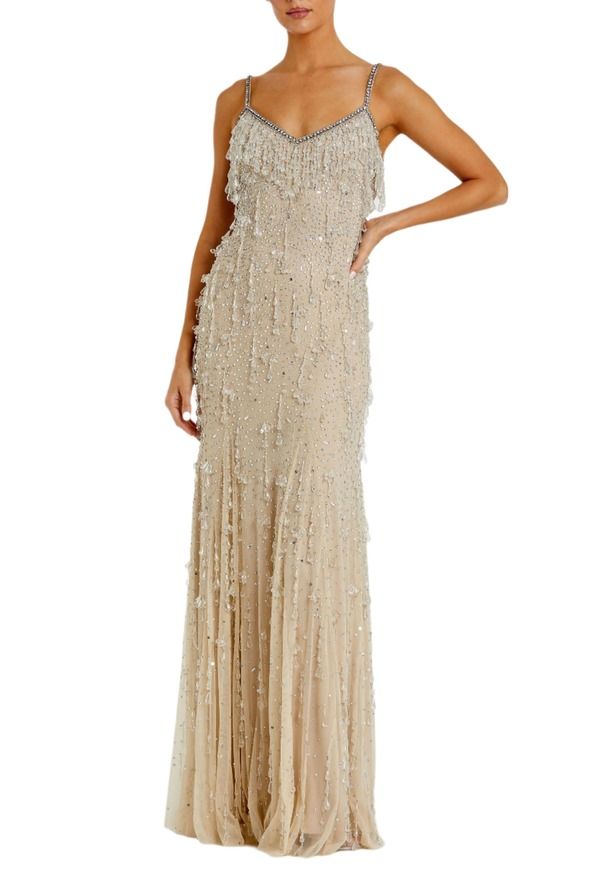 マックダガル レディース トップス ワンピース Vネック Mac Duggal Womens VNeck Net Gown within Straps and Elegant Embellishments Nude Silver シルバー