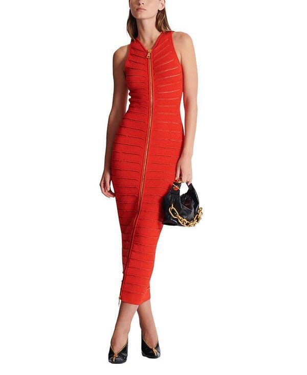 バルマン レディース トップス ワンピース ノースリーブ ニット Balmain Long Sleeveless Dress in Crocodile Knit Red レッド