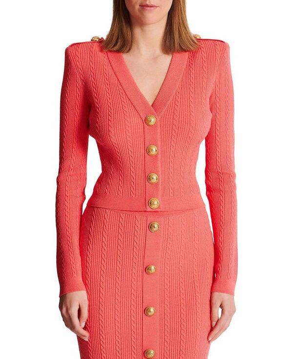 バルマン レディース アウター カーディガン ニット Balmain Long Sleeved Cable Knit Cardigan Pink ピンク