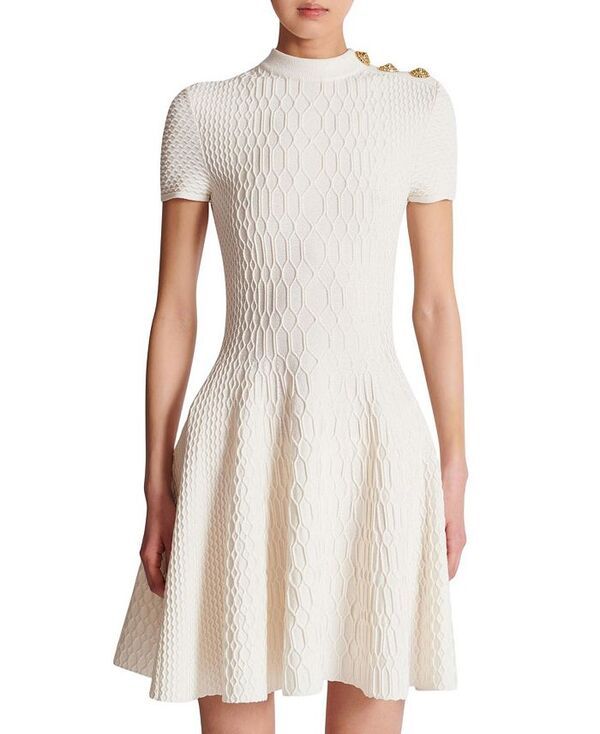 バルマン レディース トップス ワンピース ニット Balmain Flared CrocodileKnit Dress White ホワイト