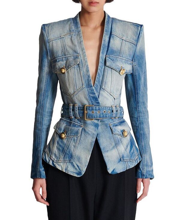 バルマン レディース アウター ジャケット・ブルゾン デニム ジャケット Balmain 1Button Belted Denim Jacket Blue ブルー