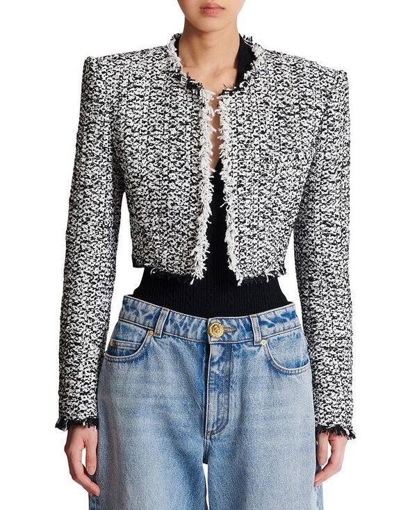 バルマン レディース アウター ジャケット・ブルゾン ツイード クロップド ジャケット Balmain Cropped Tweed Jacket Black ブラック