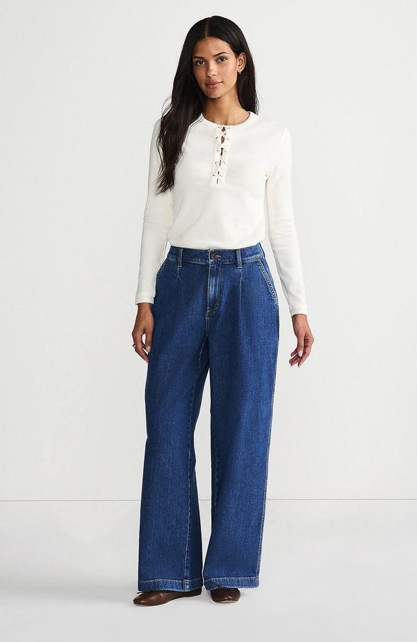 ランズエンド レディース ボトムス デニムパンツ ワイドレッグ プリーツ Lands End High Rise Soft Denim Pleated Wide Leg Trousers Indigo Tide Blue インディゴ