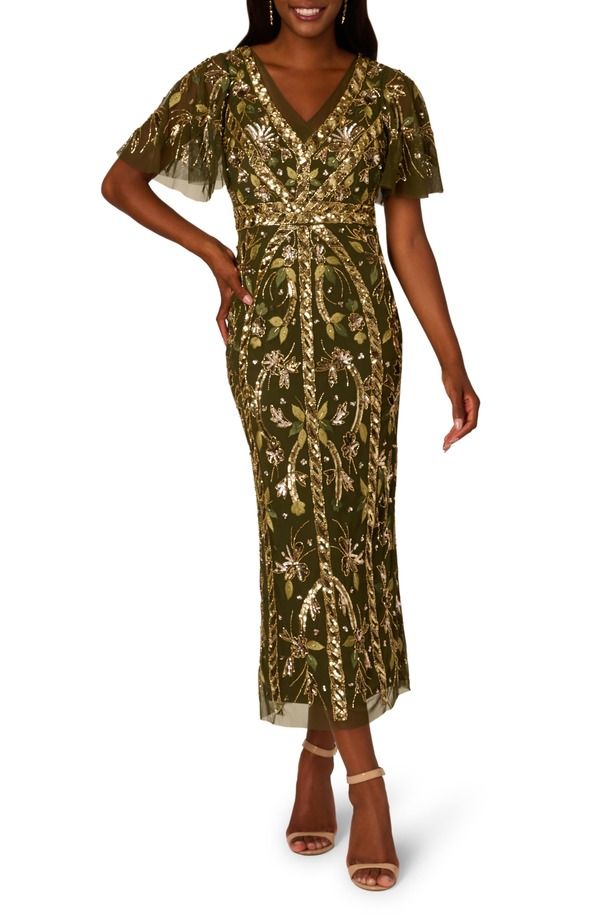 アドリアナ パペル レディース トップス ワンピース Adrianna Papell Embellished Flutter Sleeve Cocktail Dress Olive オリーブ