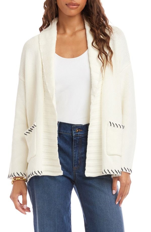 カレンケーン レディース アウター パーカー・スウェット コントラスト カーディガン Karen Kane Contrastitch Open Front Cardigan Off White W Navy オフホワイト