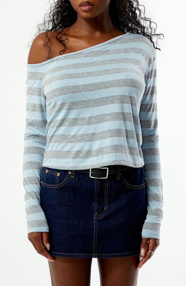 パクサン レディース トップス シャツ PacSun Olivia Stripe Off the Shoulder Top Light Blue ブルー