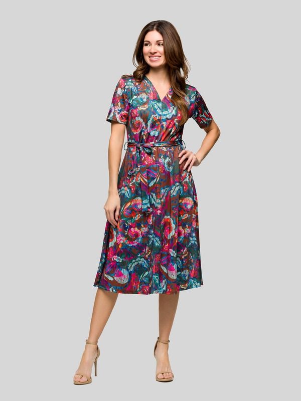 24 セブンコンフォート レディース トップス ワンピース プリント ミディ 24seven Comfort Apparel Brown and Pink Print Short Sleeve Tie Waist Midi Dress Brown Multi