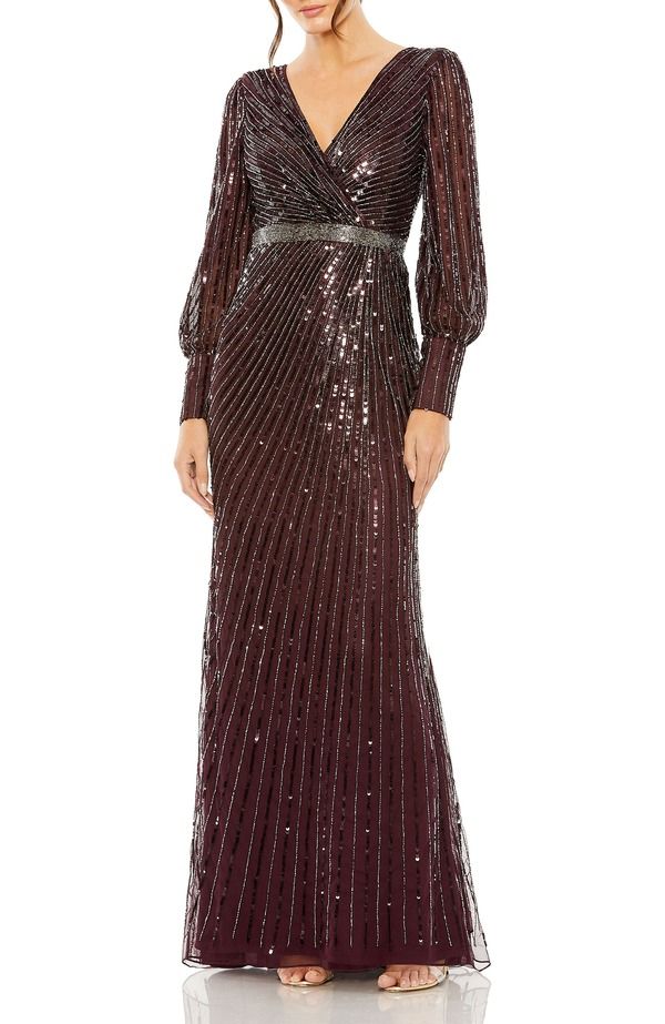 マックダガル レディース トップス ワンピースパンコール Mac Duggal Sequined Wrap Gown with Dramatic Bishop Sleeves Blackberry