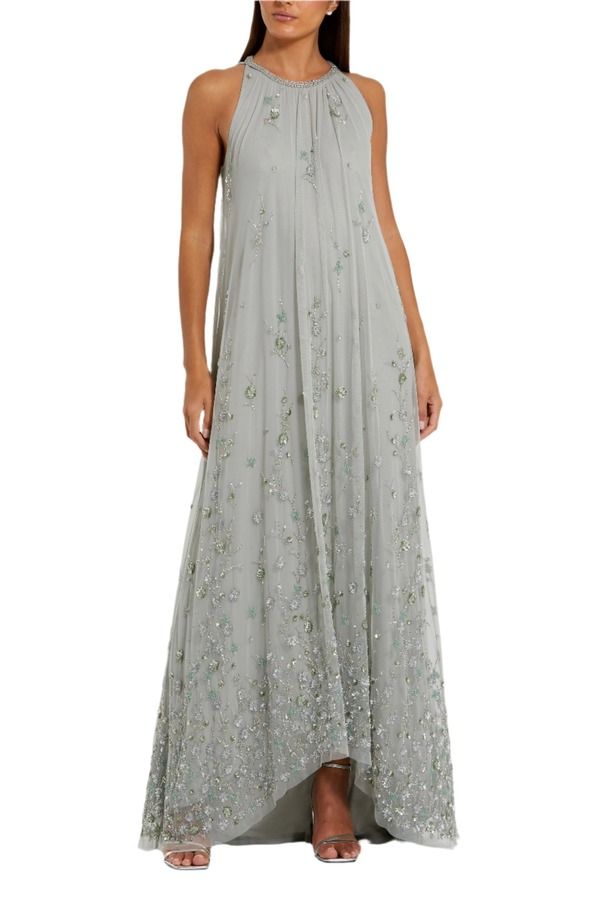 マックダガル レディース トップス ワンピース ハイネック フラワー柄 メッシュ フラワー Mac Duggal Womens High Neck Floral Embellished Mesh Trapeze Gown Sage セージ