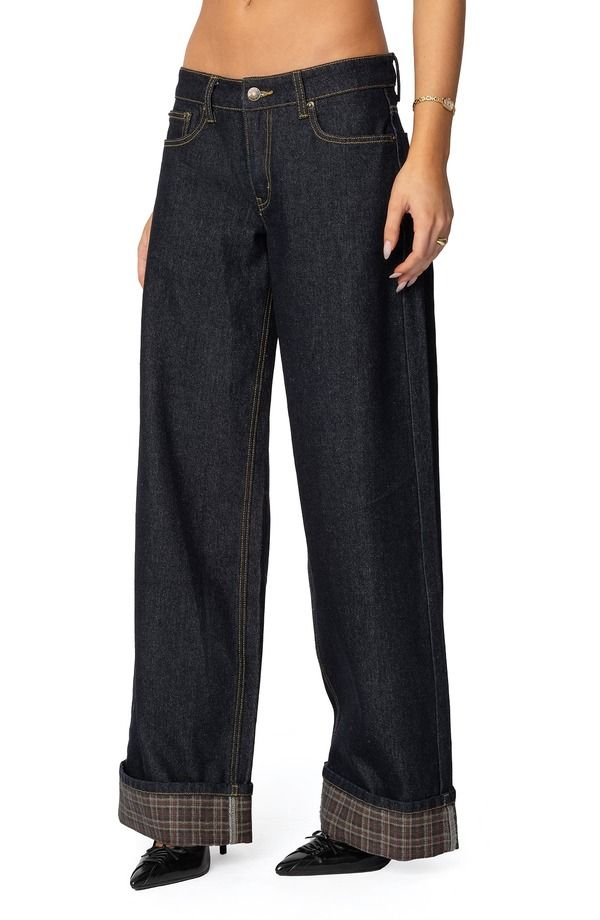アディクテッド レディース ボトムス デニムパンツ ワイドレッグ ジーンズ EDIKTED Plaid Cuff Wide Leg Jeans Blue ブルー 20,235円