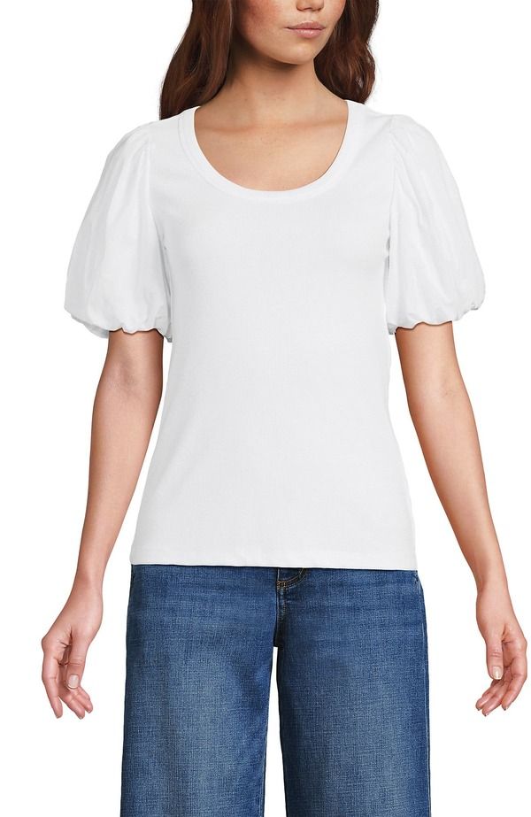 ランズエンド レディース トップス シャツ Lands Endrapey Rib Puff Sleeve Scoop Neck Top White ホワイト