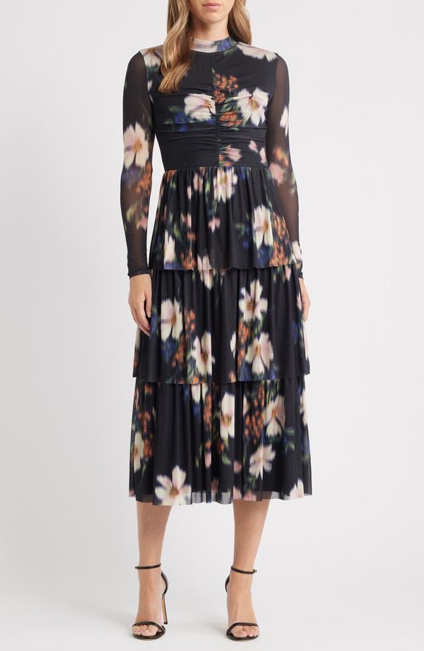 アンクライン レディース トップス ワンピース ティアード フラワー柄 プリント フリル フラワー Anne Klein Tiered Ruffle Floral Print Long Sleeve Dress Blurred Floating Flora