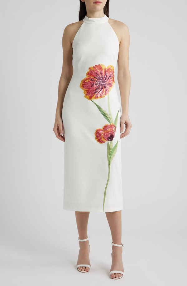 ヴィンスカムート レディース トップス ワンピース ミディ スパンコール Vince Camuto Sequin Flower Midi Dress Ivory アイボリー