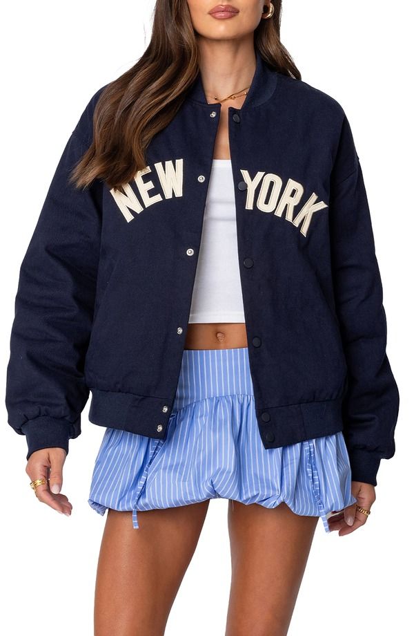 アディクテッド レディース アウター ジャケット・ブルゾン EDIKTED Big Apple Oversize Bomber Jacket Navy ネイビー