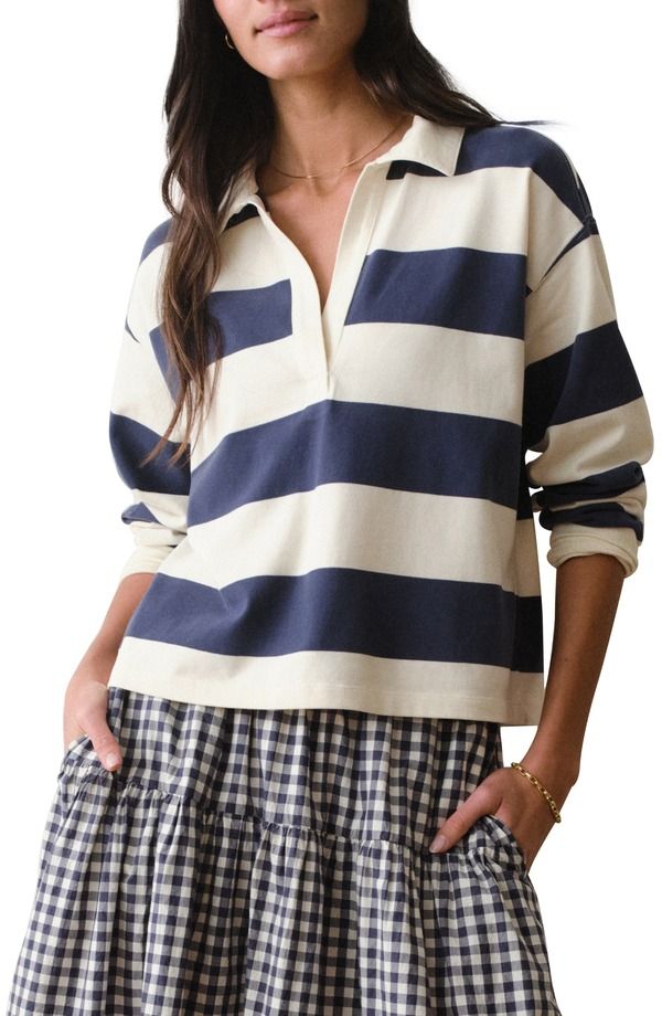 マリーン レイヤー レディース トップス ポロシャツ スエード コットン Marine Layer Luxe Stripe Sueded Cotton Polo Navy Stripe ネイビー
