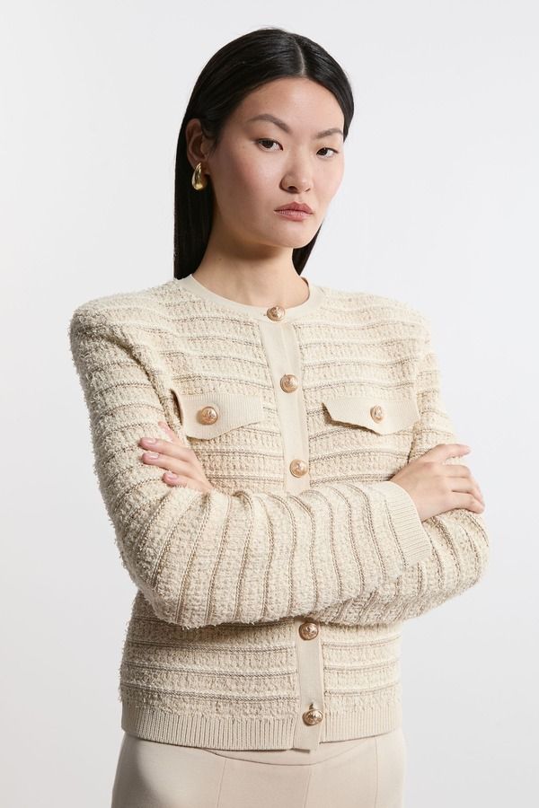 カレンミレン レディース アウター ジャケット・ブルゾン ニット Karen Millen Textured Military Trim Knit Jacket Cream クリーム