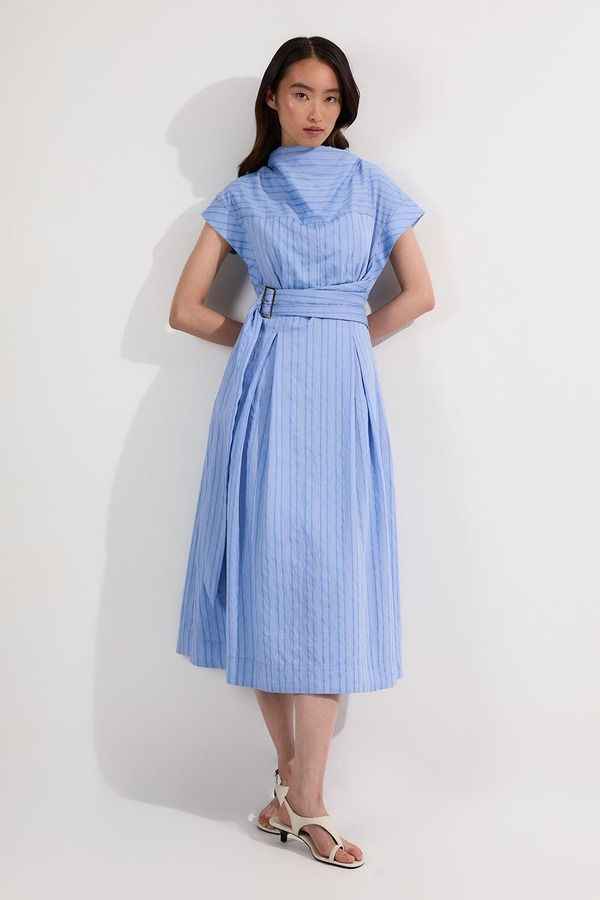 カレンミレン レディース トップス ワンピース ミディ シャツ Karen Millen Belted Woven Midi Shirt Dress Blue ブルー