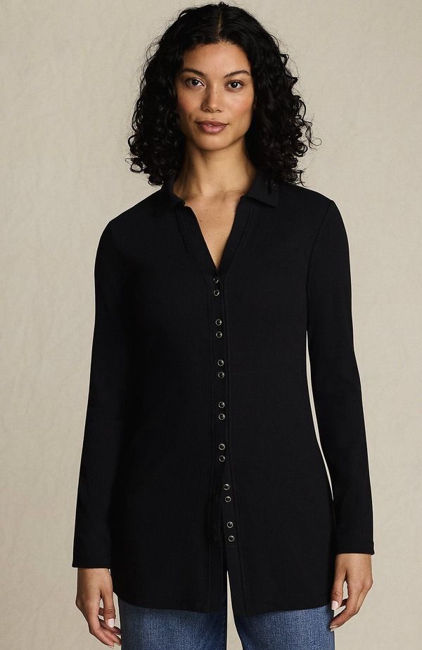ランズエンド レディース トップス シャツ Lands End Long Sleeve Polished Ributton Through Tunic Shirt Black ブラック