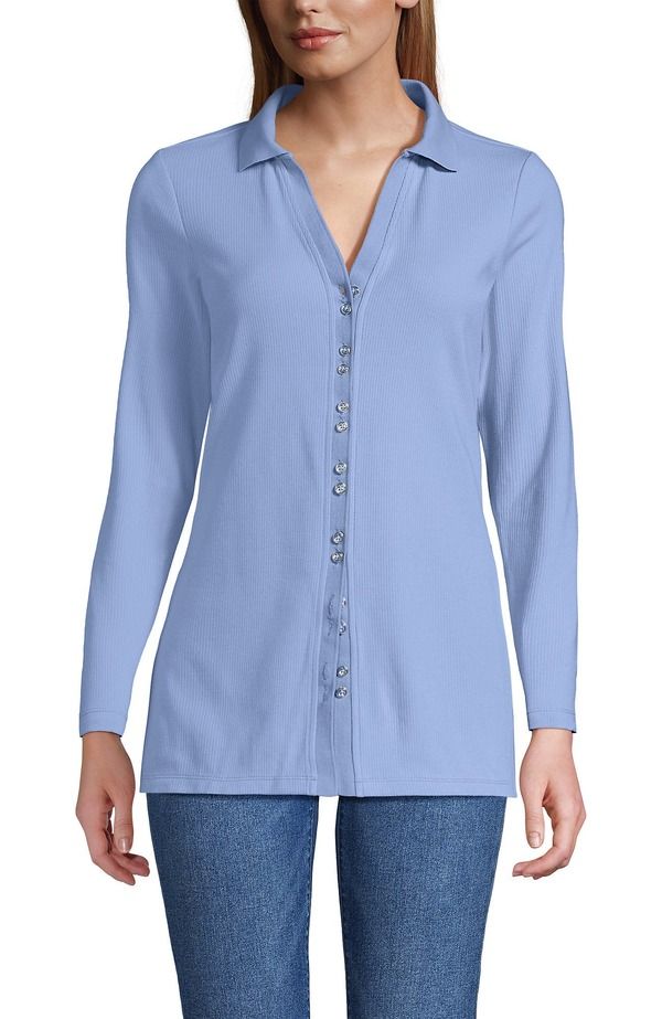 ランズエンド レディース トップス シャツ Lands End Long Sleeve Polished Ributton Through Tunic Shirt Light Sea Blue ブルー