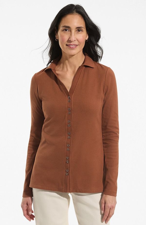 ランズエンド レディース トップス シャツ Lands End Long Sleeve Polished Ributton Through Tunic Shirt Rich Ginger Brown ブラウン