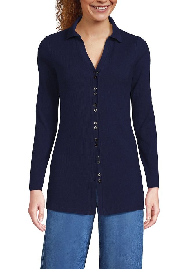 ランズエンド レディース トップス シャツ Lands End Long Sleeve Polished Ributton Through Tunic Shirt Deep Sea Navy ネイビー