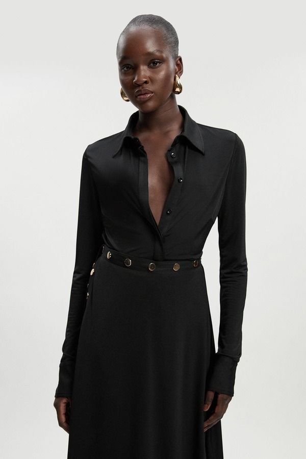 カレンミレン レディース トップス シャツ クレープ Karen Millen Drapey Crepe Slim Collared Shirt Black ブラック