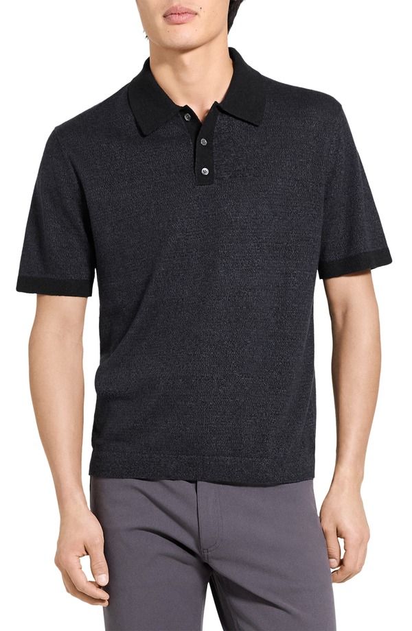 セオリー メンズ トップス ポロシャツ シルク リネン Theory Linen Silk Polo Black ブラック