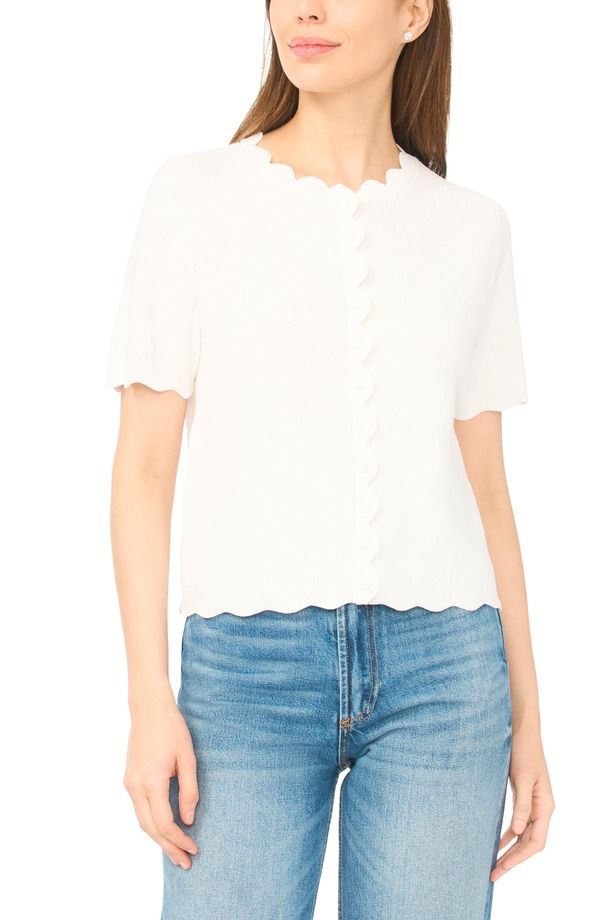 セセ レディース トップス シャツ カーディガン CeCe Scallop Edge Short Sleeve Cardigantique White ホワイト