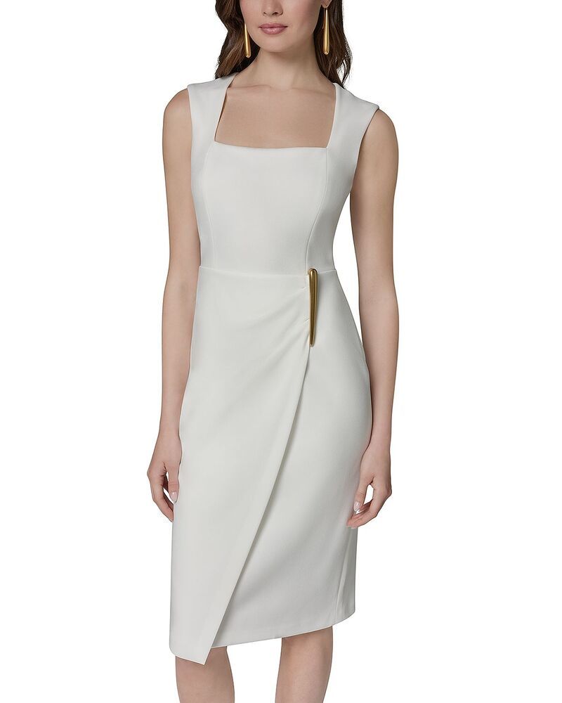 ダナキャラン レディース トップス ワンピース Donna Karan Square Neck Hardware Sheath Dress Cream クリーム