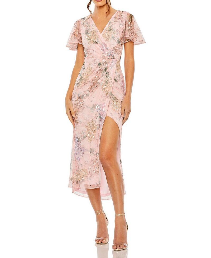 マックダガル レディース トップス ワンピース フラワー柄 ミディ フラワー Mac Duggal Embellished Floral Flutter Sleeve Midi Dress Rose