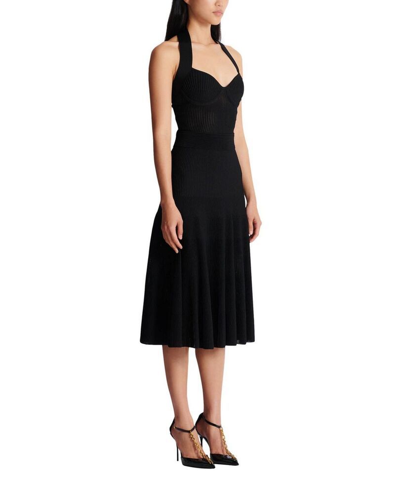 バルマン レディース トップス ワンピース プリーツ ミディ ニット ホルター Balmain Halterneck Pleated Knit Midi Dress Black ブラック
