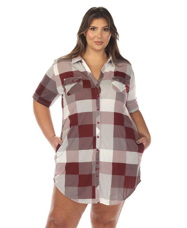 ホワイトマーク レディース トップス ワンピース シャツ ダウン White Mark Womenshort Sleeve Plaid ButtonDown Shirt Dress Burgundy バーガンディ