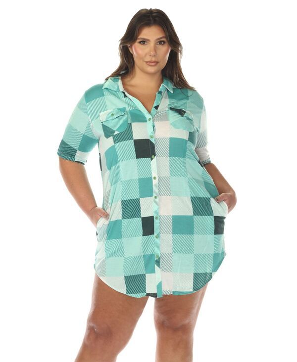 ホワイトマーク レディース トップス ワンピース シャツ ダウン White Mark Womenshort Sleeve Plaid ButtonDown Shirt Dress Green グリーン