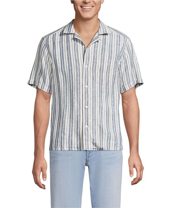 ランズエンド メンズ トップス シャツ リネン Lands End Menshort Sleeve Linen Hawaiian Camp Collar Shirt Light indigoivory stripe アイボリー 17,136円